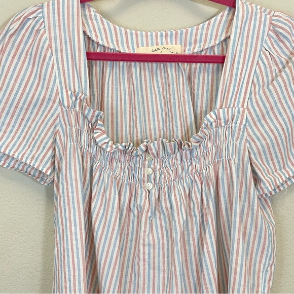 Anthropologie Isabella Sinclair Striped Smocked Neck Short Sleeve White Red S - Picture 6 of 10